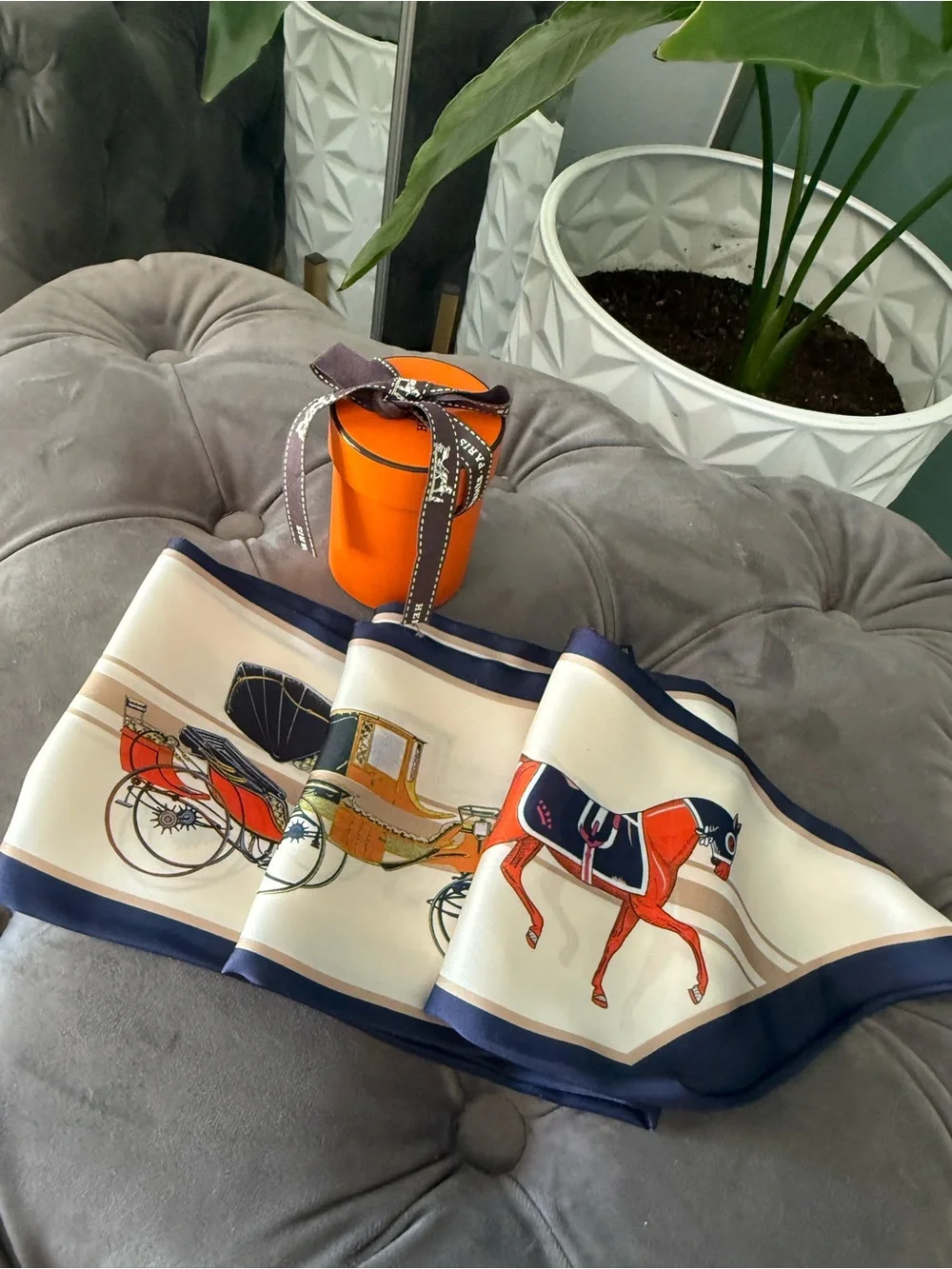 Silk Equestrian-Inspired Silk Carriage Scarf with Navy Trim